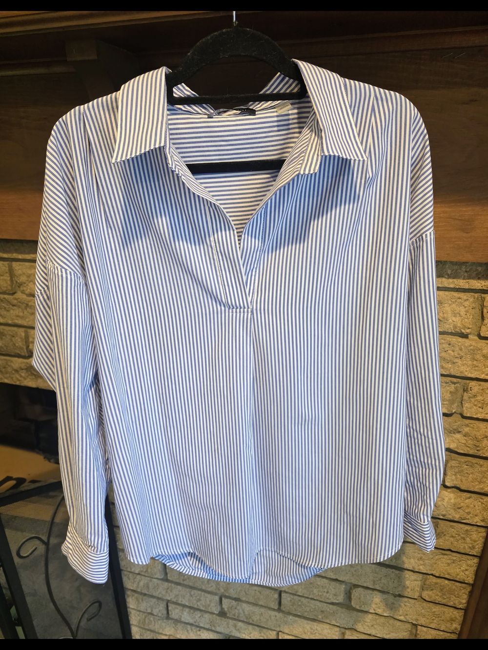 T Tahari Navy and White Striped Button-Up Shirt - Picture 4 of 7